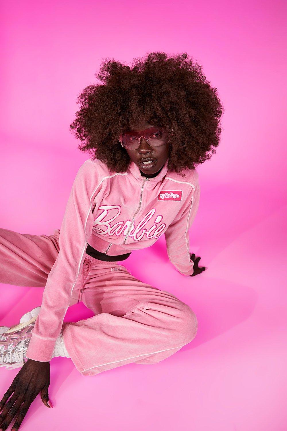 Pink velour hot sale cropped tracksuit